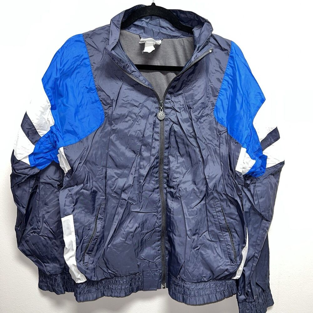 vintage 90s Adidas windbreaker jacket men’s medium blue white grey